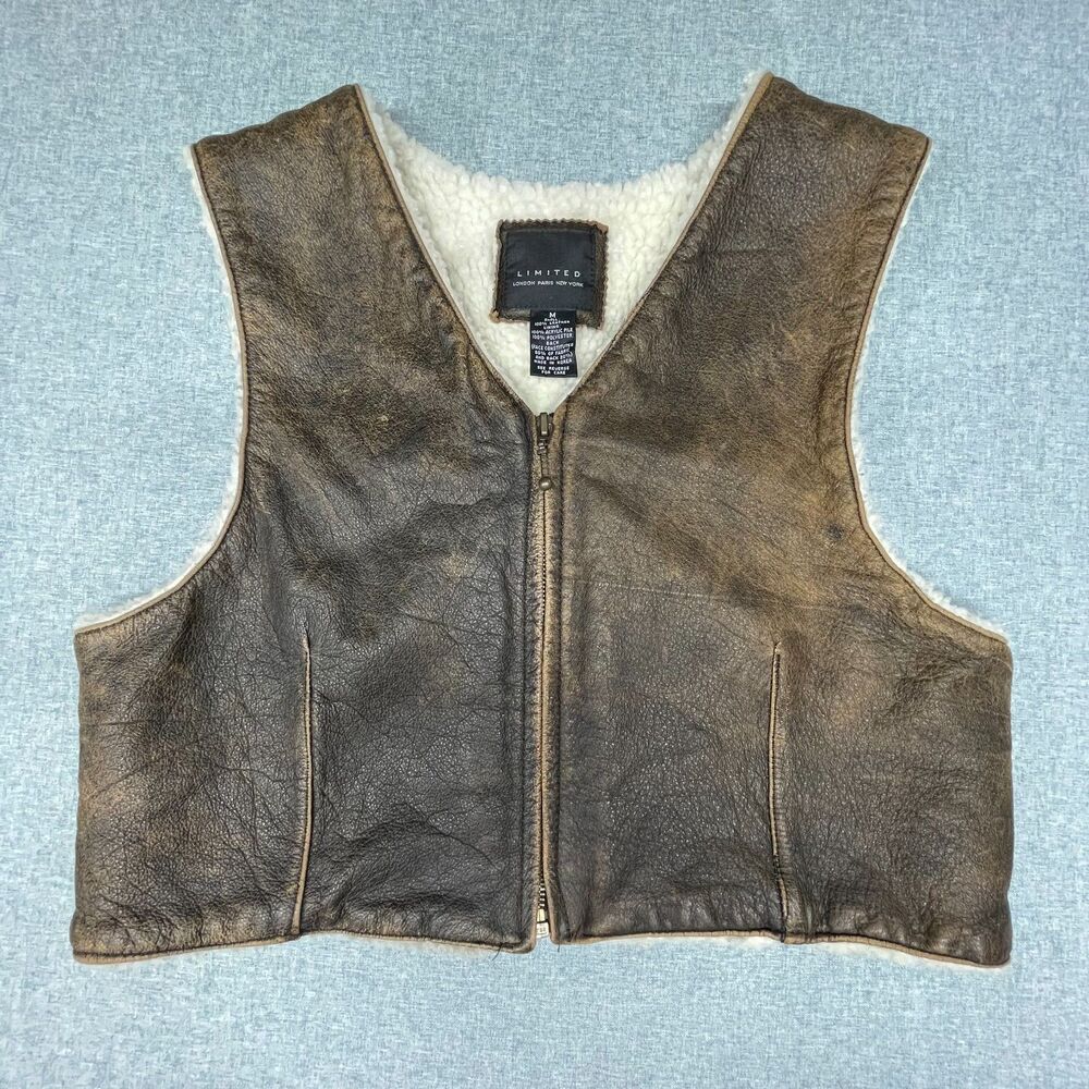 Limited Genuine Leather Shearling Vest Womens Medium Brown Zip Front